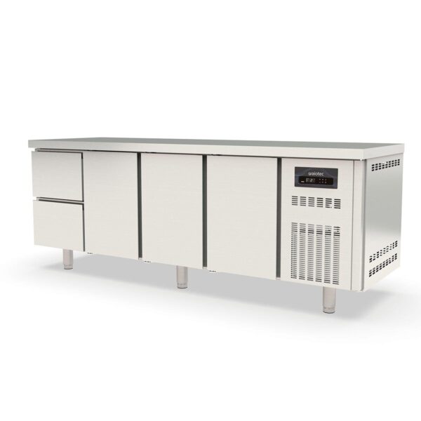 Tavolo refrigerato professionale / 4 moduli GN 1/1 con 2 cassetti / 3 porte, 2245 x 700 mm