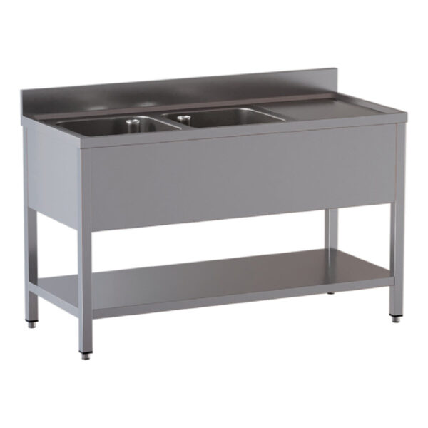 Lavello professionale inox / 2 vasche a sinistra + sgocciolatoio, 1400 x 700 mm