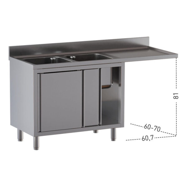 Centro di lavaggio professionale inox / 2 vasche a sinistra con porte scorrevoli, 1600 x 700 mm