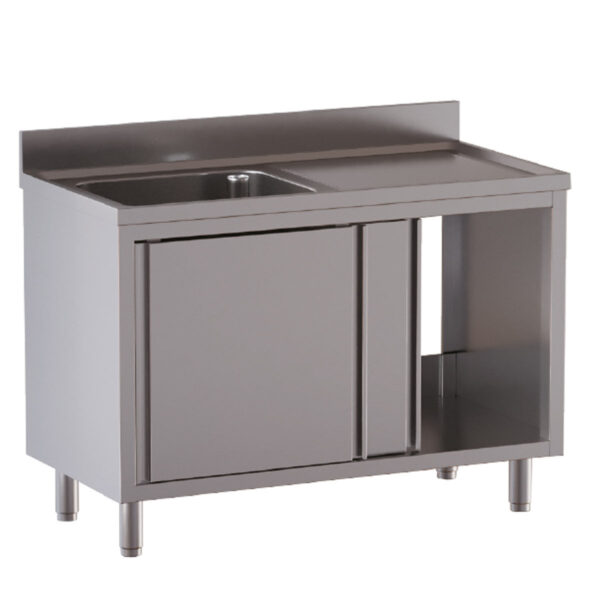 Armadio lavatoio professionale inox / 1 vasca a sinistra con porte scorrevoli, 1200 x 600 mm