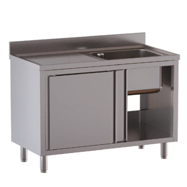Armadio lavatoio professionale inox / 1 vasca a destra con porte scorrevoli, 1400 x 700 mm
