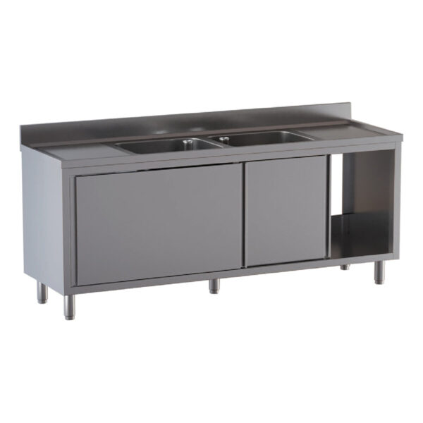 Armadio lavatoio professionale inox / 2 vasche e 2 sgocciolatoi, 2400 x 700 mm