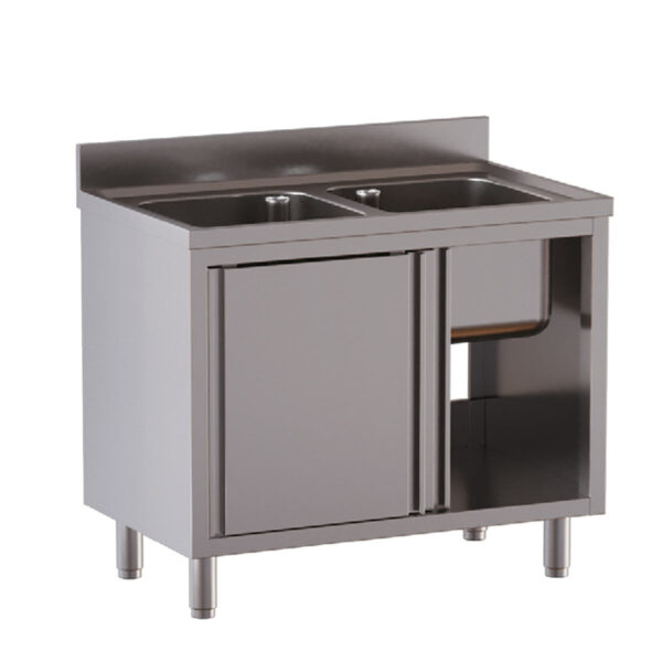 Armadio lavatoio professionale inox / 2 vasche con porte scorrevoli, 1400 x 700 mm