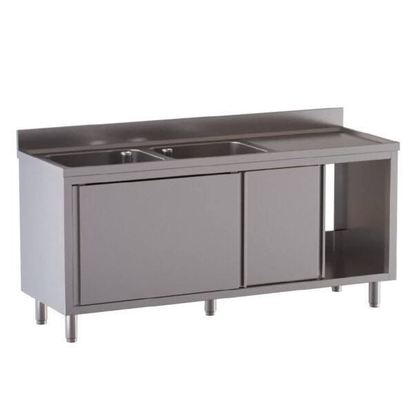 Armadio lavatoio professionale inox / 2 vasche a sinistra con porte scorrevoli, 1400 x 600 mm