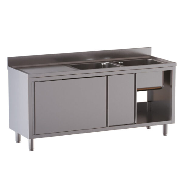 Armadio lavatoio professionale inox / 2 vasche a destra con porte scorrevoli, 1800 x 600 mm