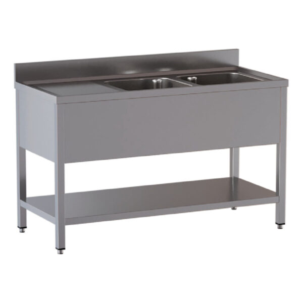 Lavello professionale inox / 2 vasche a destra + sgocciolatoio, 2000 x 700 mm
