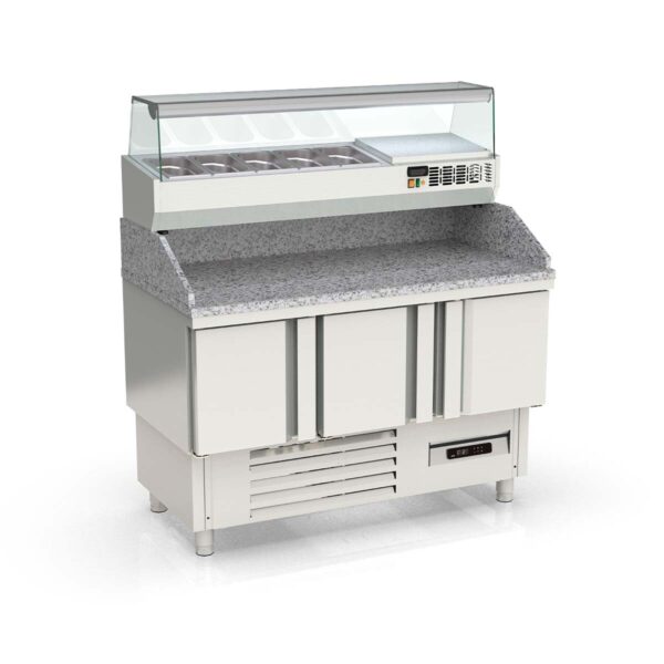 Tavolo pizza refrigerato professionale / 3 moduli con porte, Granitplatte grau, incluso Vetrina refrigerata da appoggio, GN 1/4, 1370 x 700 mm