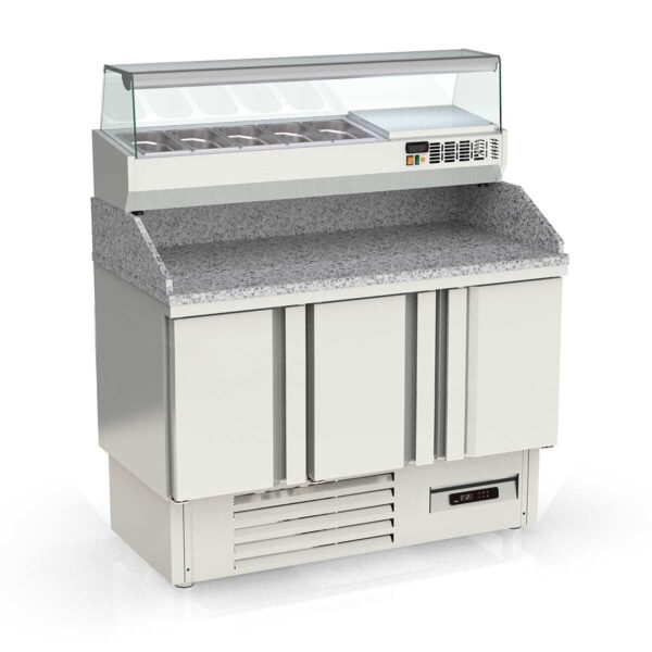 Tavolo pizza refrigerato professionale / 3 moduli con porte, Extravolumen, Granitplatte grau, incluso Vetrina refrigerata da appoggio, GN 1/4, 1370 x 700 mm