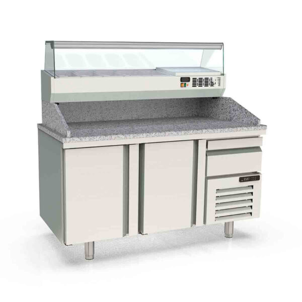 Tavolo pizza refrigerato professionale / 2 moduli con porte, EN 60x40, cassetto, Granitplatte grau, incluso Vetrina refrigerata da appoggio, GN 1/4, 1565 x 800 mm