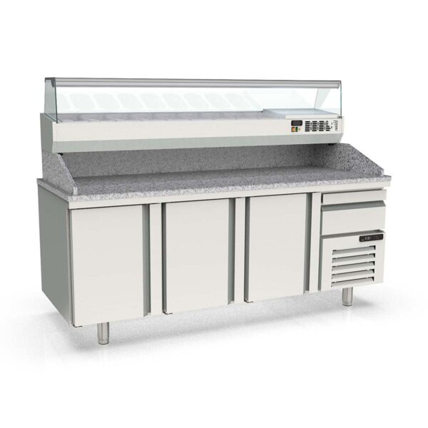 Tavolo pizza refrigerato professionale / 3 moduli con porte, EN 60x40, cassetto, Granitplatte grau, incluso Vetrina refrigerata da appoggio, GN 1/4, 2090 x 800 mm