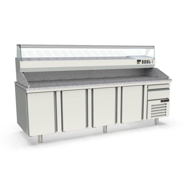 Tavolo pizza refrigerato professionale / 4 moduli con porte, EN 60x40, cassetto, Granitplatte grau, incluso Vetrina refrigerata da appoggio, GN 1/4, 2615 x 800 mm