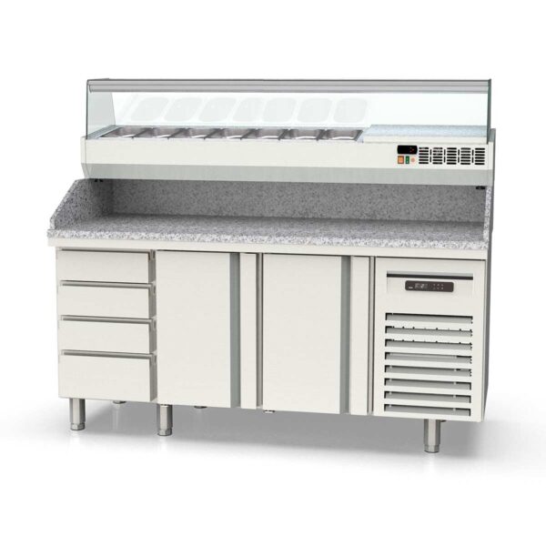 Tavolo pizza refrigerato professionale / 3 moduli con 2 porte, cassettiblock, Granitplatte grau, incluso Vetrina refrigerata da appoggio, GN 1/4, 1795 x 700 mm