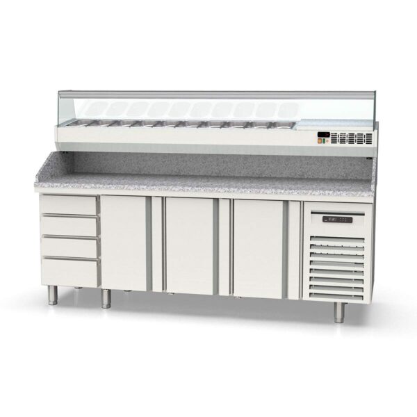 Tavolo pizza refrigerato professionale / 4 moduli con 3 porte, cassettiblock, Granitplatte grau, incluso Vetrina refrigerata da appoggio, GN 1/4, 2245 x 700 mm