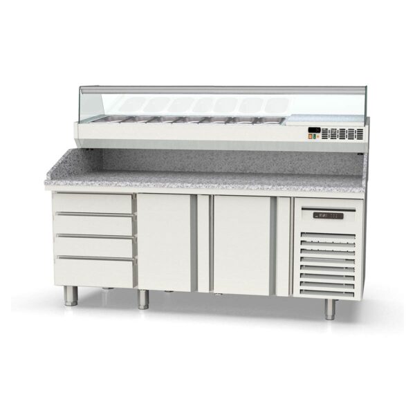 Tavolo pizza refrigerato professionale / 3 moduli con 2 porte, EN 60x40, cassettiblock, Granitplatte grau, incluso Vetrina refrigerata da appoggio, GN 1/4, 2020 x 800 mm