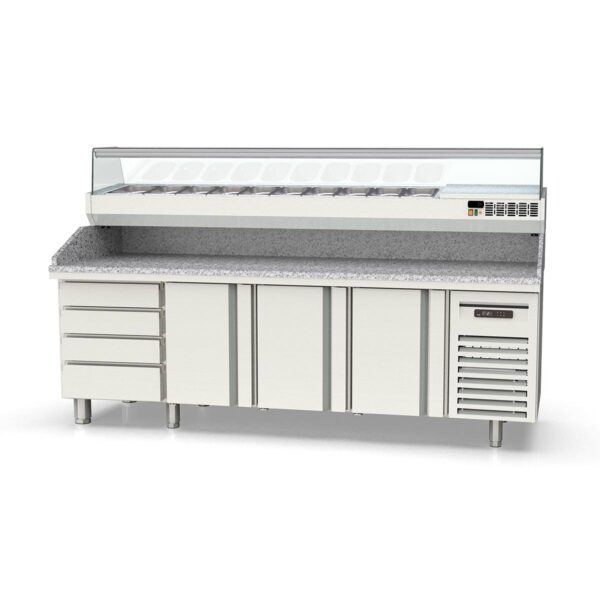 Tavolo pizza refrigerato professionale / 4 moduli con 3 porte, EN 60x40, cassettiblock, Granitplatte grau, incluso Vetrina refrigerata da appoggio, GN 1/4, 2545 x 800 mm