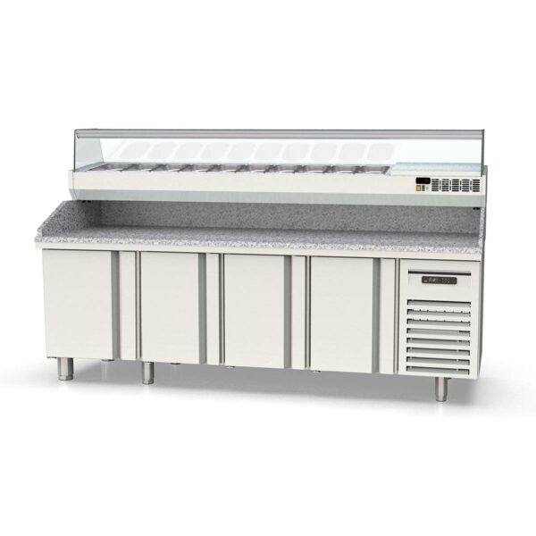 Tavolo pizza refrigerato professionale / 4 moduli con porte, Granitplatte grau, incluso Vetrina refrigerata da appoggio, GN 1/4, 2545 x 600 mm