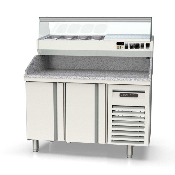 Tavolo pizza refrigerato professionale / 2 moduli con porte, Granitplatte grau, incluso Vetrina refrigerata da appoggio, GN 1/4, 1345 x 700 mm