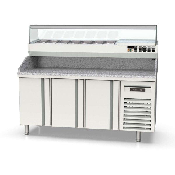 Tavolo pizza refrigerato professionale / 3 moduli con porte, Granitplatte grau, incluso Vetrina refrigerata da appoggio, GN 1/4, 1795 x 700 mm