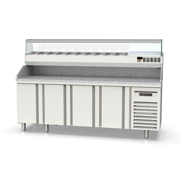 Tavolo pizza refrigerato professionale / 4 moduli con porte, Granitplatte grau, incluso Vetrina refrigerata da appoggio, GN 1/4, 2245 x 700 mm