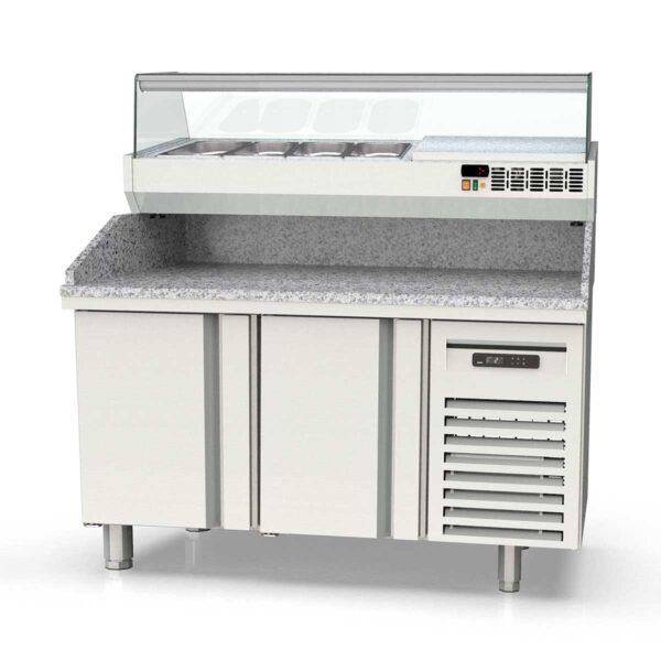 Tavolo pizza refrigerato professionale / 2 moduli con porte, EN 60x40, Granitplatte grau, incluso Vetrina refrigerata da appoggio, GN 1/4, 1495 x 800 mm