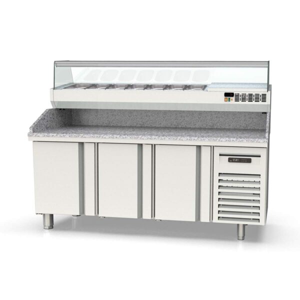 Tavolo pizza refrigerato professionale / 3 moduli con porte, EN 60x40, Granitplatte grau, incluso Vetrina refrigerata da appoggio, GN 1/4, 2020 x 800 mm