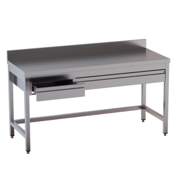 Tavolo da lavoro inox / con vano inferiore libero, 3 cassetti e alzatina, 1600 x 700 mm