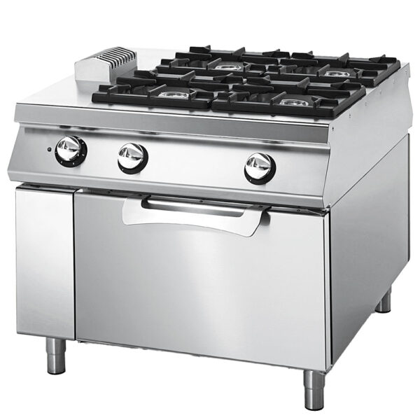 Virtus – Cucina gas da 4 fuochi su forno elettrico statico, bacinelle in acciaio inox, comandi 2 lati (VS110100CFGE)