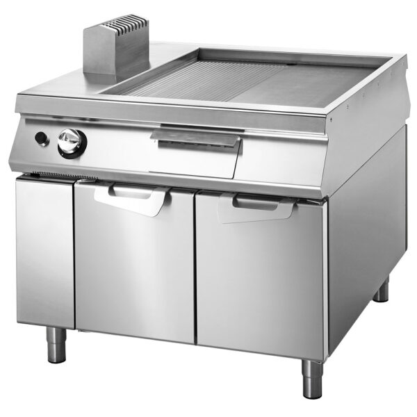 Virtus – Fry-top gas cromato 2/3 liscio 1/3 rigato su vano con porte, comandi 2 lati (VS110100FTRGC)