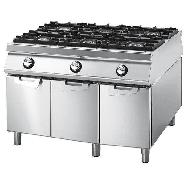 Virtus – Cucina gas da 6 fuochi su vano con porte, bacinelle in acciaio inox, comandi 2 lati (VS110120PCG)